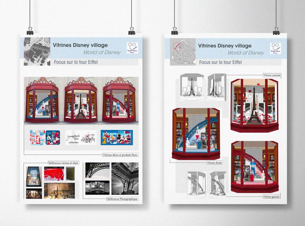 board d'inspiration graphique et présentation de concept vitrines sur le thème de la tour Eiffel pour la scénographie commerciale d'un magasin