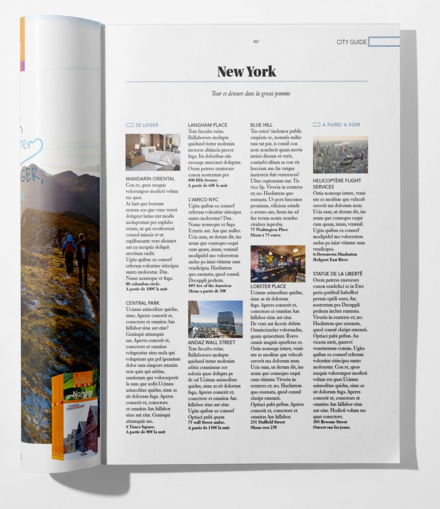 concept graphique d'un magazine de voyage présentant une page listant les meilleures adresses à new york