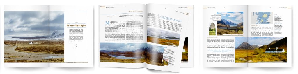 concept graphique d'un magazine de voyage présentant une double page de la rubrique dossier sur le thème de l'Écosse