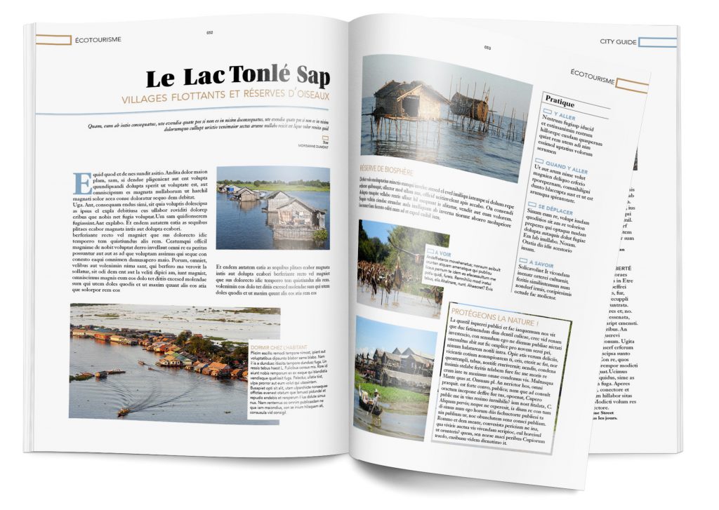 concept graphique d'un magazine de voyage présentant une double page de la rubrique écotourisme