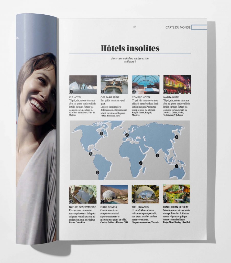 concept graphique d'un magazine de voyage présentant une page listant les meilleures hôtels insolites partout dans le monde