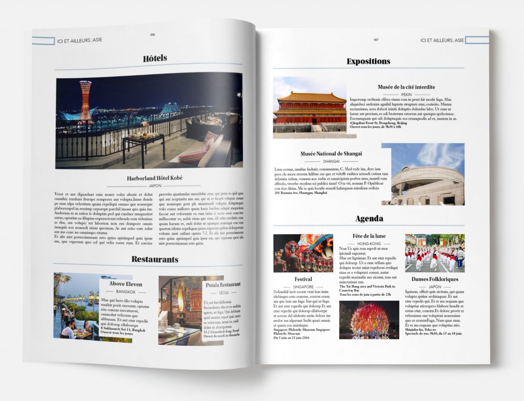 concept graphique d'un magazine de voyage présentant une double page d'une rubrique spécifique pour les loisirs