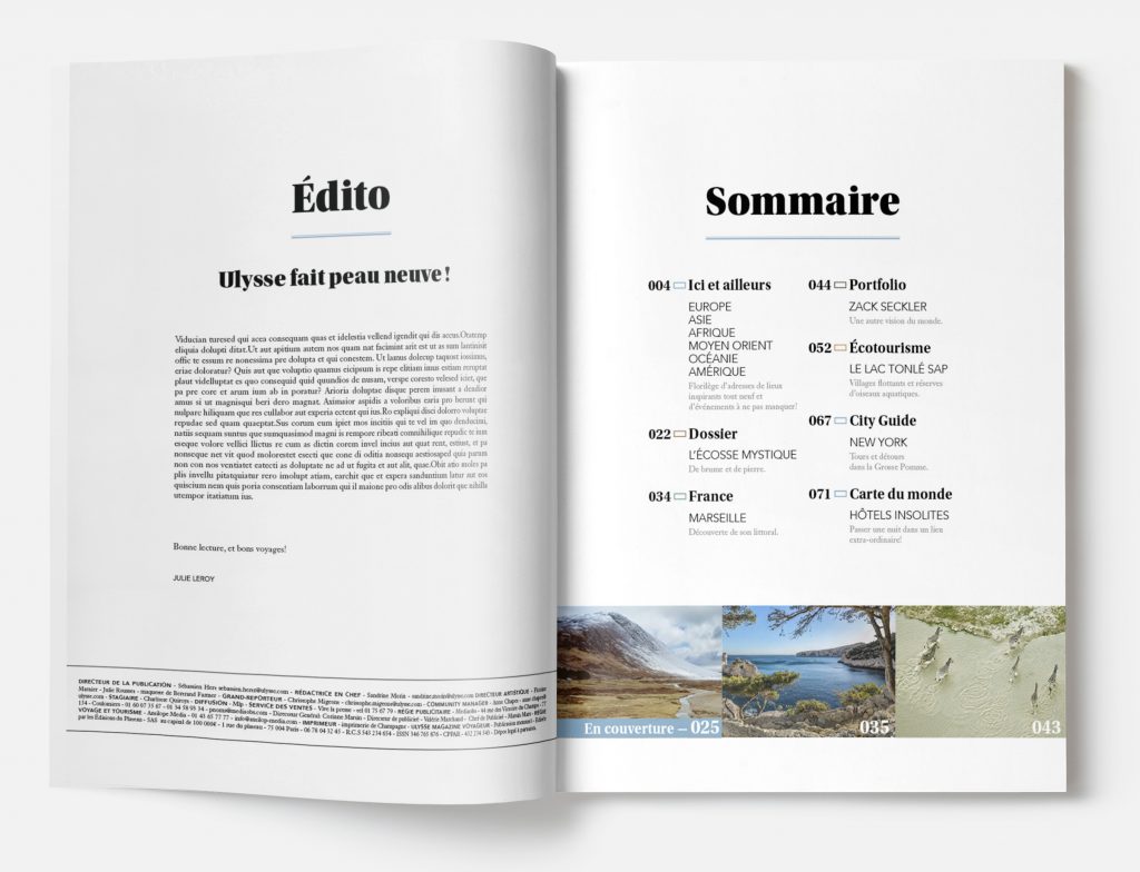 concept graphique d'un magazine de voyage présentant une double page avec une rubrique édito sur une page et une rubrique sommaire sur l'autre page
