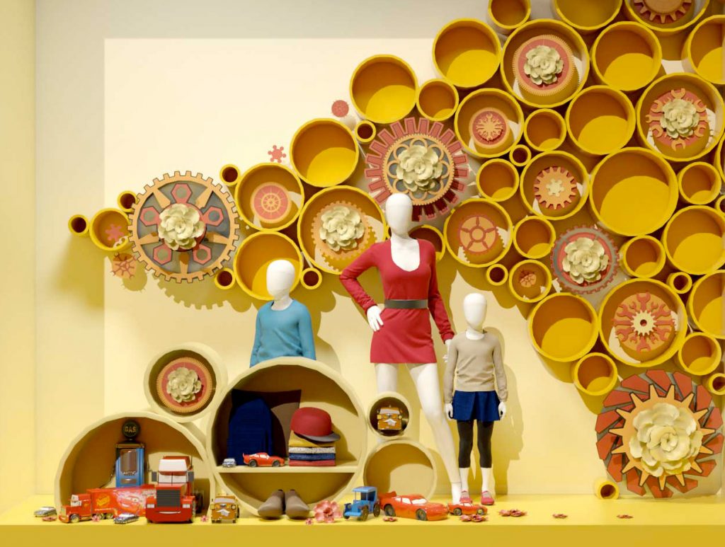 Concept graphique d'une vitrine pour la scénographie commerciale d'un magasin