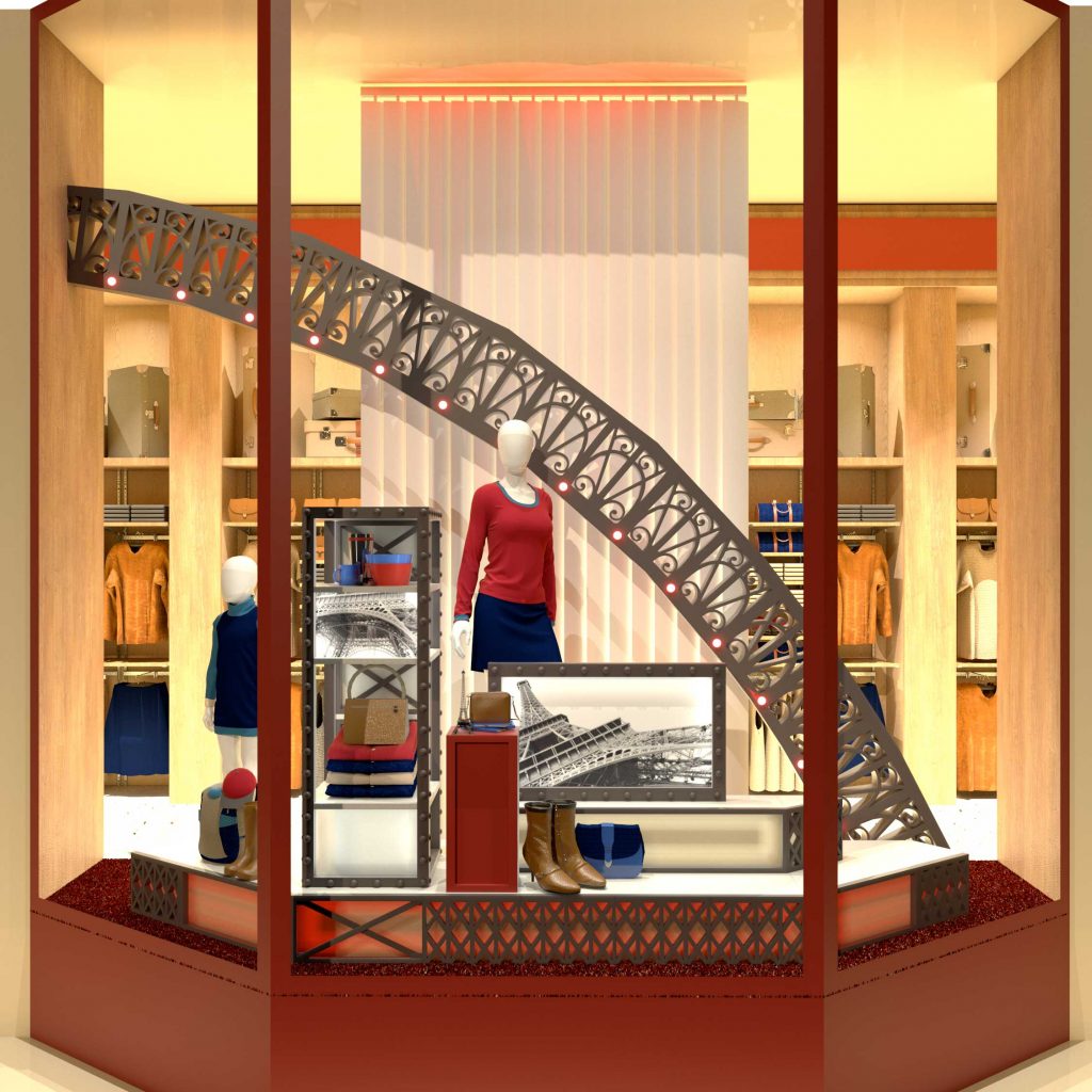 Concept graphique d'une vitrine sur le thème de la tour Eiffel pour la scénographie commerciale d'un magasin