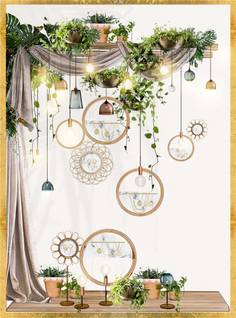 dessin de concept pour la scénographie commerciale d'une vitrine présentant des bijoux dans une atmosphère végétale