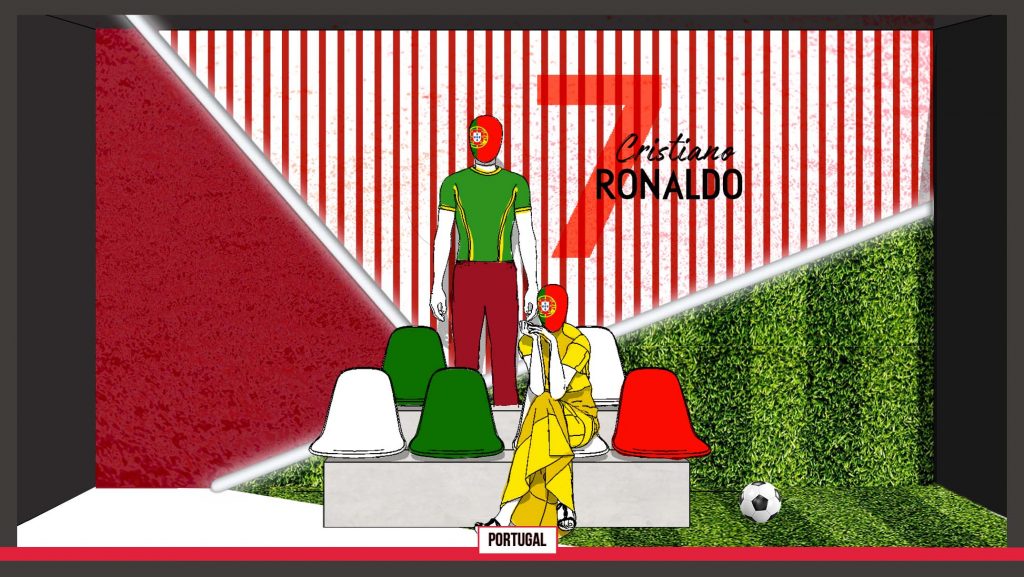 Concept graphique d'une vitrine sur le thème du football pour l'événement de la coupe d'Europe pour la scénographie commerciale d'un magasin