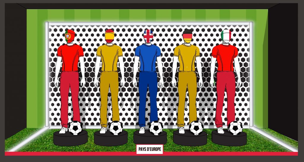 Concept graphique d'une vitrine sur le thème du football pour l'événement de la coupe d'Europe pour la scénographie commerciale d'un magasin