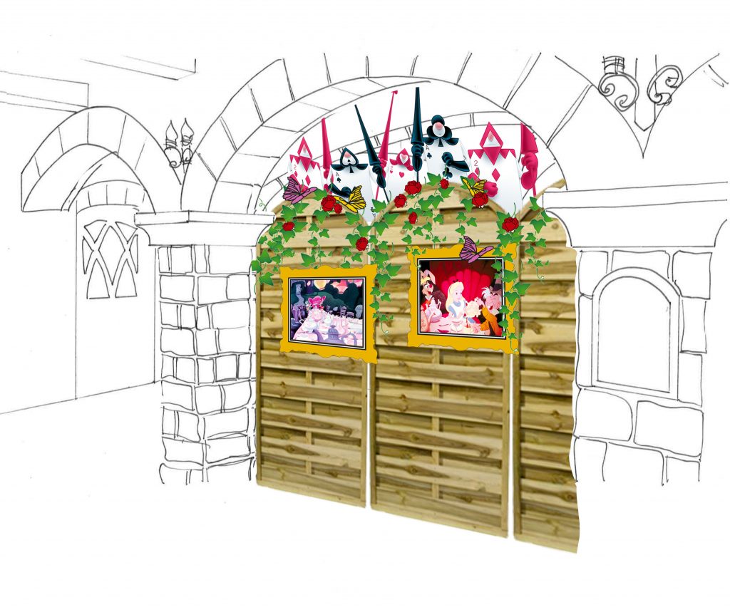 croquis d'un concept de décoration événementiel sur le thème Alice aux pays des merveilles