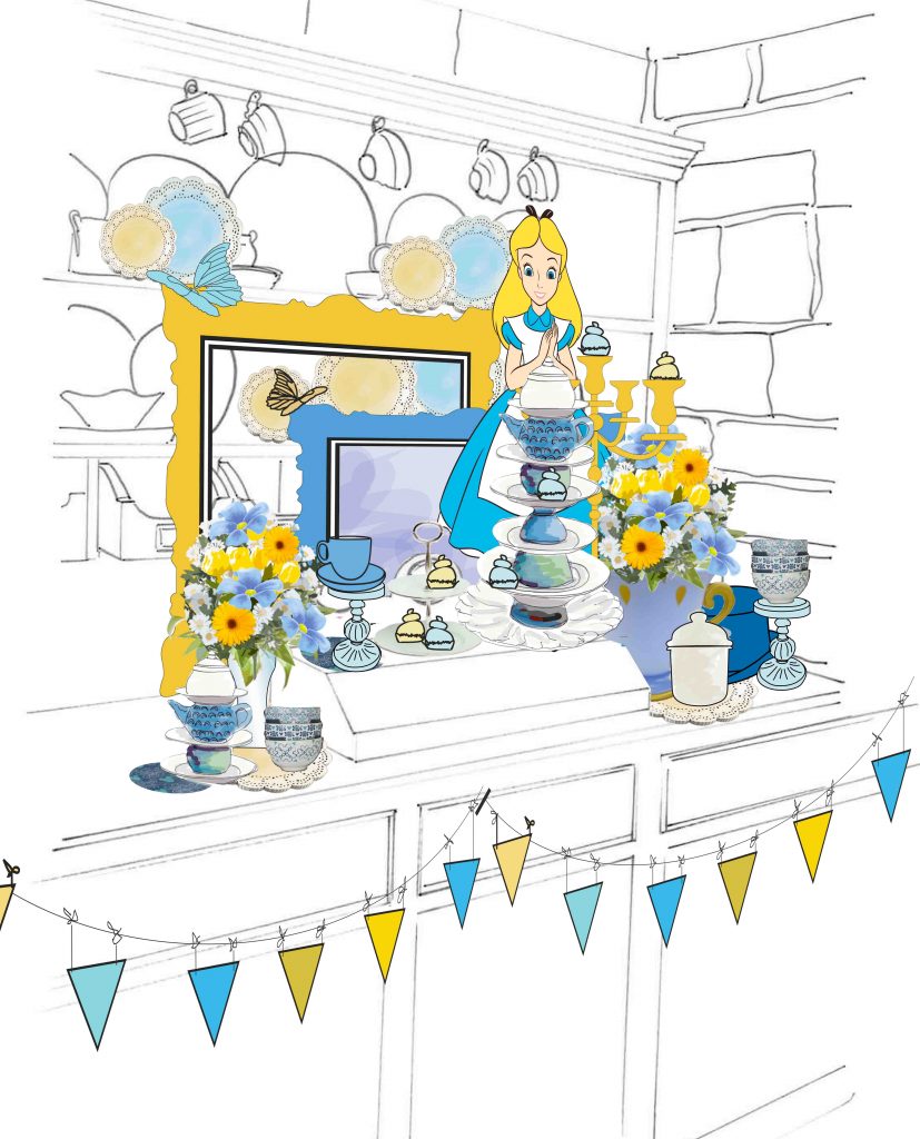 croquis d'un concept de décoration événementiel pour un buffet sur le thème Alice aux pays des merveilles