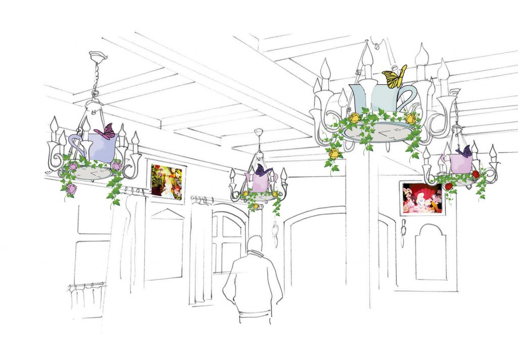 croquis d'un concept de décoration événementiel pour des lustres sur le thème Alice aux pays des merveilles
