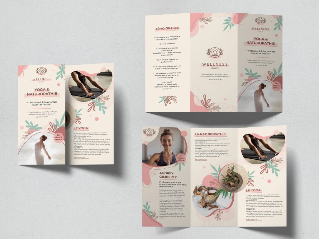 graphisme visuel d'un flyer ou brochure d'un centre de yoga et naturopathie