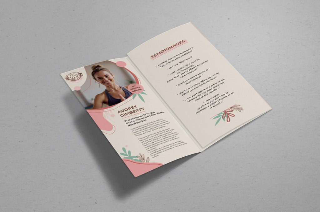 graphisme visuel d'un flyer ou brochure d'un centre de yoga et naturopathie