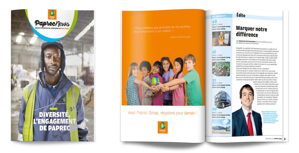 identité graphique d'une couverture et d'un édito d'un magazine pour une entreprise de recyclage