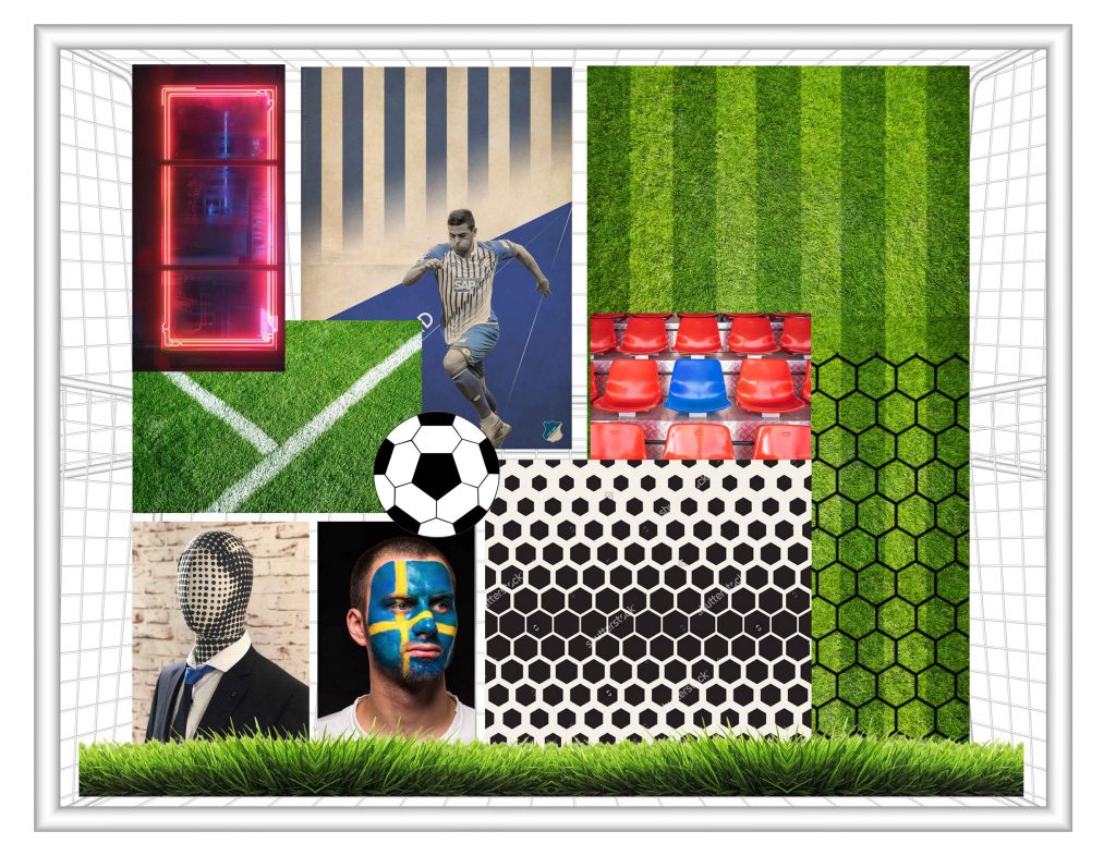 moodboard pour un concept de scénographie commerciale de vitrine sur le thème du football pour un grand magasin