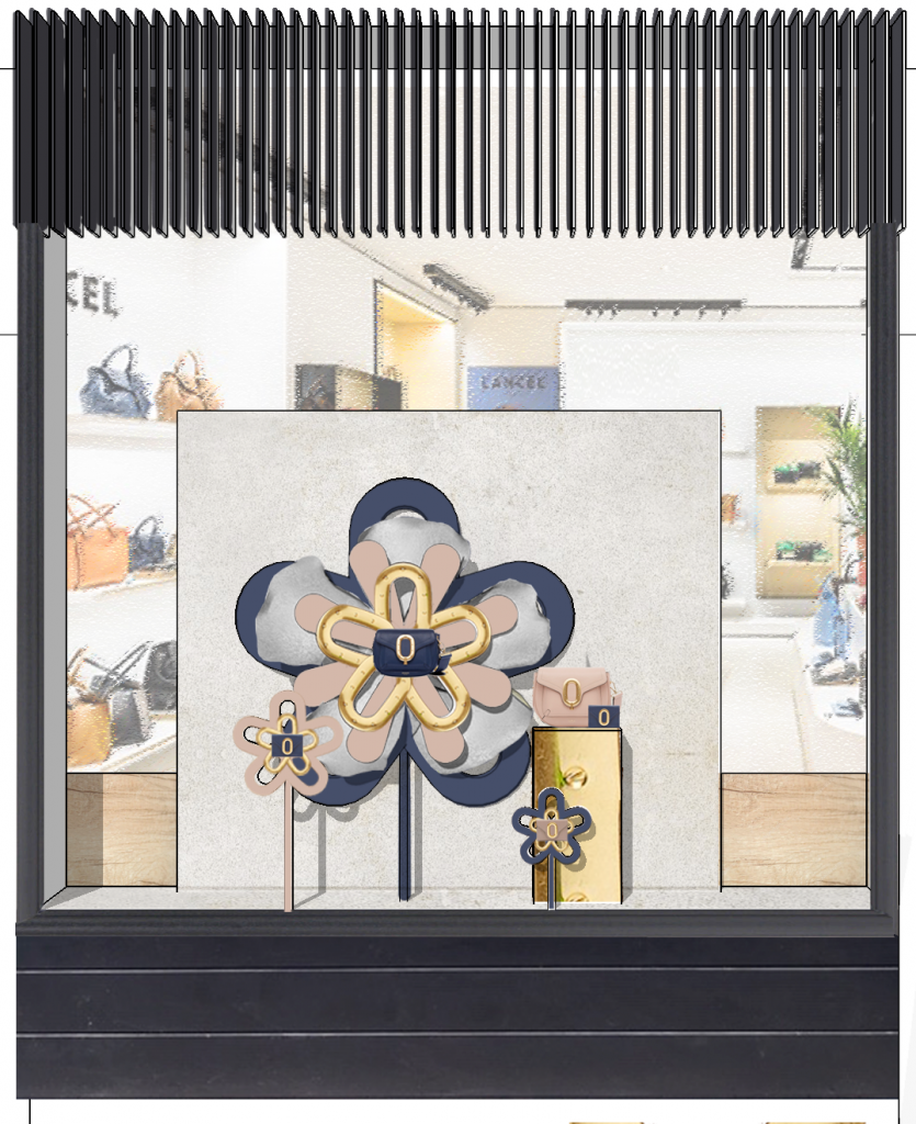 Concept graphique d'une vitrine présentant de la maroquinerie et des accessoires pour la scénographie commerciale d'un magasin
