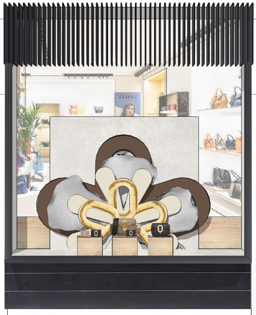 Concept graphique d'une vitrine présentant de la maroquinerie et des accessoires pour la scénographie commerciale d'un magasin