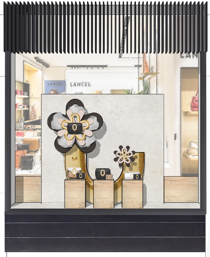 Concept graphique d'une vitrine présentant de la maroquinerie et des accessoires pour la scénographie commerciale d'un magasin