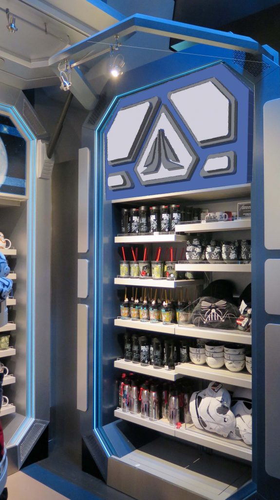 simulation d'intégration de visuels décoratifs avec graphisme futuriste dans une décoration murale d'une boutique.