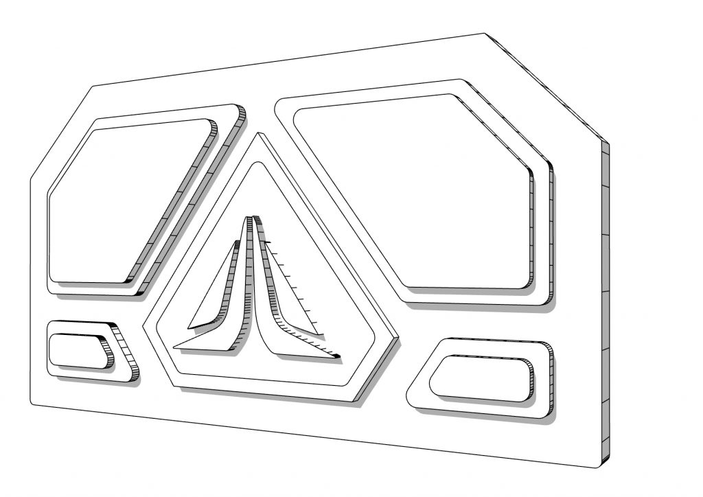 simulation 3d d'un visuel décoratif avec graphisme futuriste pour une décoration murale d'une boutique.