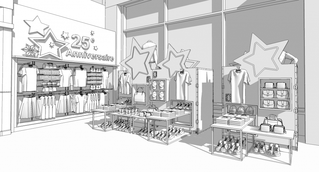 simulation merchandising d'une boutique avec des mobiliers sur-mesure adapté spécialement aux produits