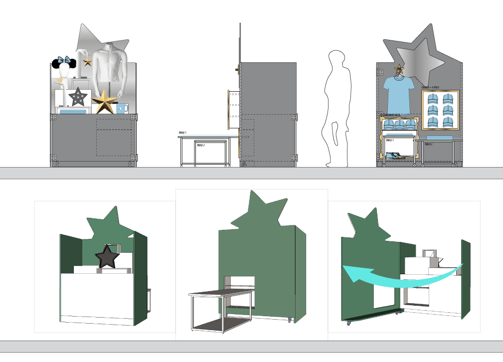plan technique d'un mobilier sur-mesure spécialement conçu pour optimiser le visual merchandising d'une boutique