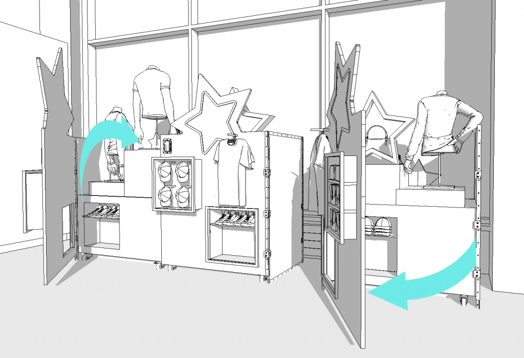 simulation d'ouverture d'un mobilier sur-mesure spécialement conçu pour optimiser le visual merchandising et la vitrine d'une boutique